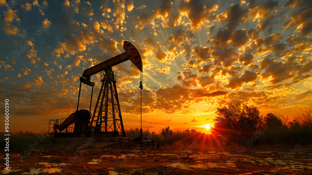 Naklejka premium Rigs and other equipment as part of an oil production complex. AI Generated