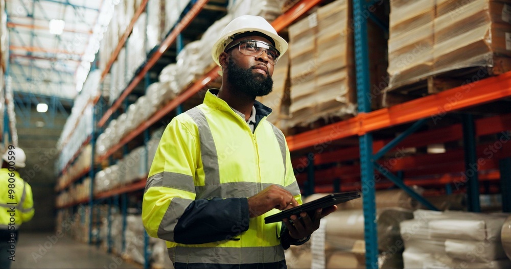 Warehouse, man and tablet in inspection on logistic, quality control or stock management as supervisor. Engineer, technology and maintenance for freight, supply chain and factory in shipping company Warehouse, man and tablet in inspection on logistic, quality control or stock management as supervisor. Engineer, technology and maintenance for freight, supply chain and factory in shipping company