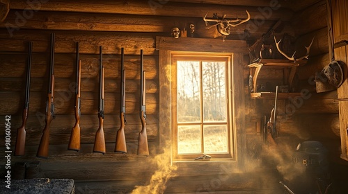 Rustic Cabin Interior with Vintage Rifles and Window Light