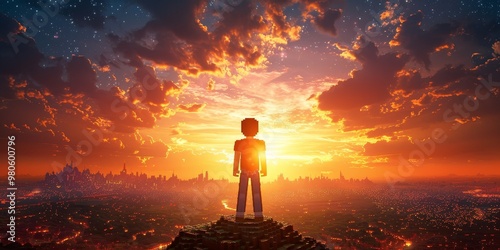 A block-shaped character standing before a stunning digital sunset, blending fantasy and creativity in an abstract and vibrant representation of digital art and video game design. photo