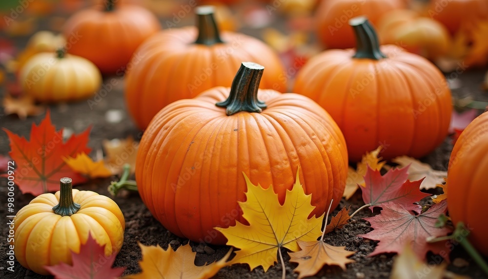 Close-up of a pumpkin patch with a variety of pumpkins and gourds surrounded by colorful autumn leaves Close-up of a pumpkin patch with a variety of pumpkins and gourds surrounded by colorful autumn leaves