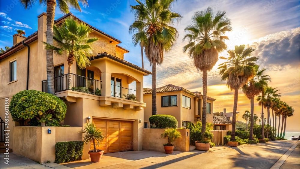 Warm beige stucco walls of a beach house nestled among palm trees on a quiet Manhattan Beach street, beneath a radiant California sun. Warm beige stucco walls of a beach house nestled among palm trees on a quiet Manhattan Beach street, beneath a radiant California sun.
