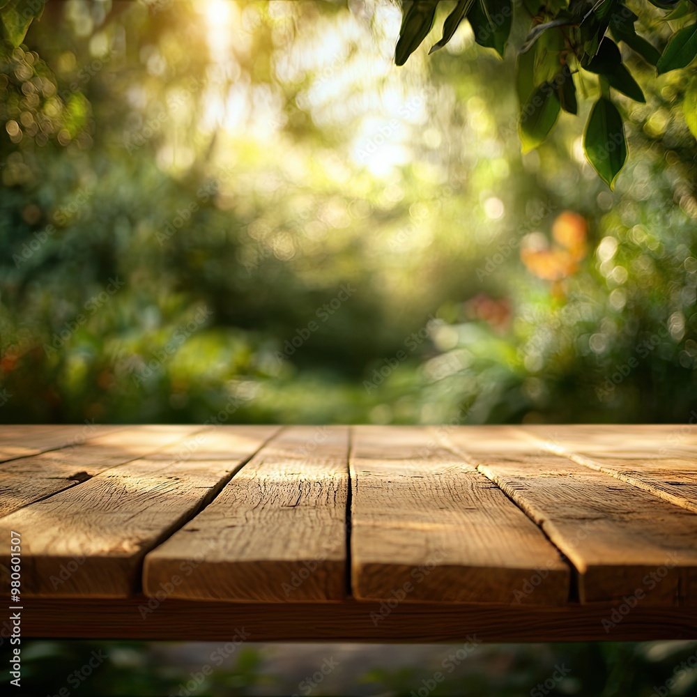 Beautiful Wooden Table in a Lush Green Forest Setting Beautiful Wooden Table in a Lush Green Forest Setting