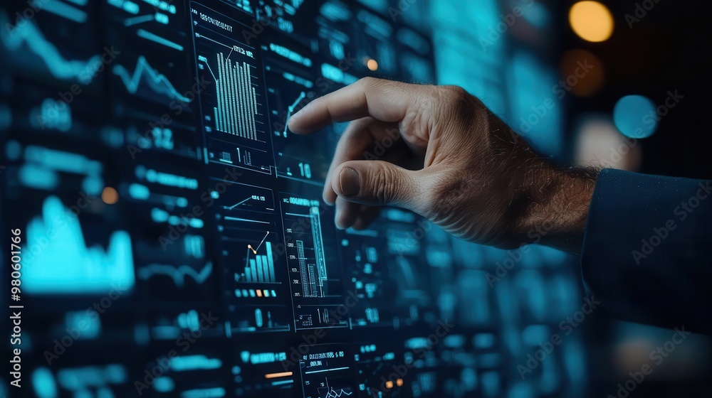Wealth manager guiding clients through a digital landscape filled with rising financial graphs and luxury assets Wealth manager guiding clients through a digital landscape filled with rising financial graphs and luxury assets