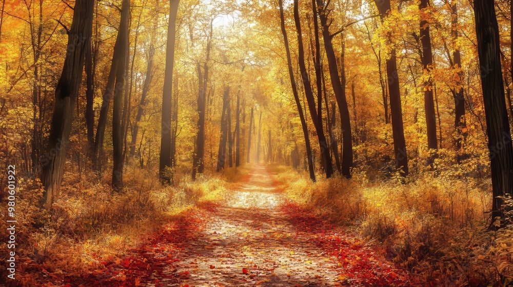 Fototapeta premium Picturesque Autumn Path with Golden Leaves and Sunlit Canopy