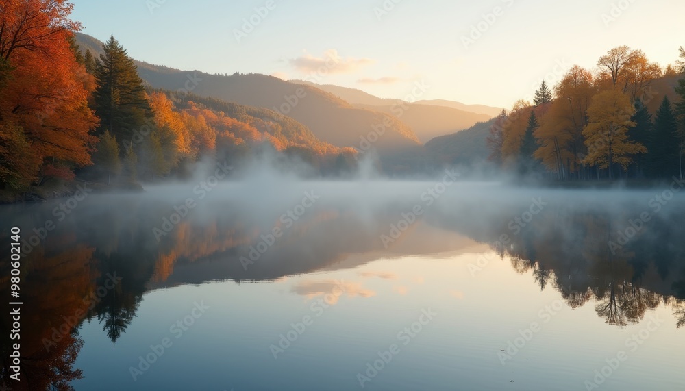 Serene autumn lake with reflections of colorful trees and a gentle mist rising from the water at dawn Serene autumn lake with reflections of colorful trees and a gentle mist rising from the water at dawn