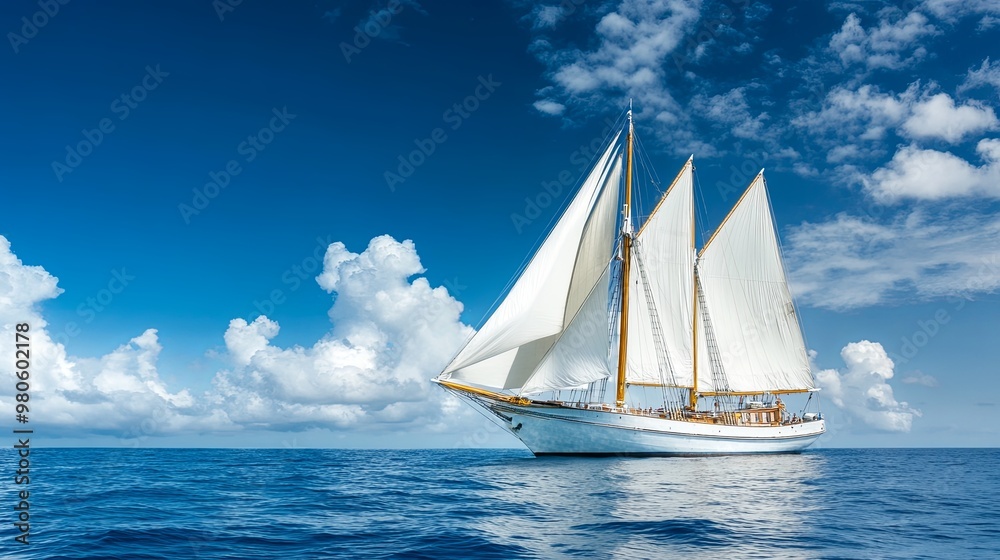 Fototapeta premium A majestic sailboat glides across calm waters under a bright blue sky with fluffy clouds, embodying leisure and adventure.