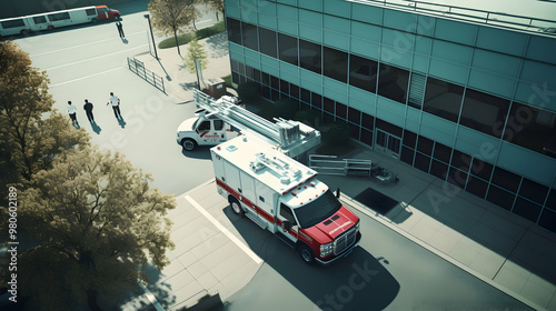 An aerial view of an ambulance arriving at a hospital