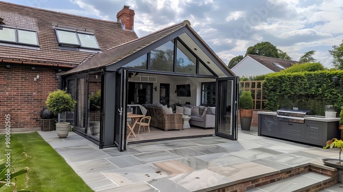 Wallpaper Mural A modern glass-walled extension with a brick facade and patio, connected to a larger house. The patio features a grill and landscaping. Torontodigital.ca