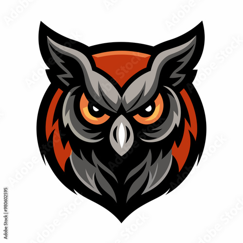 Stylized owl logo design with fierce expression and orange-gray colors on white background
 photo