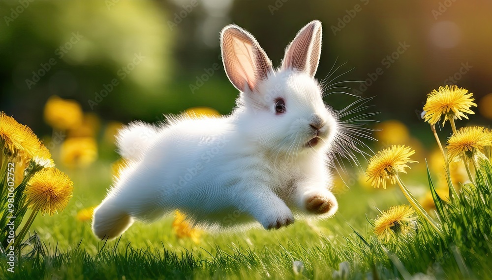 White bunny hopping in field White bunny hopping in field