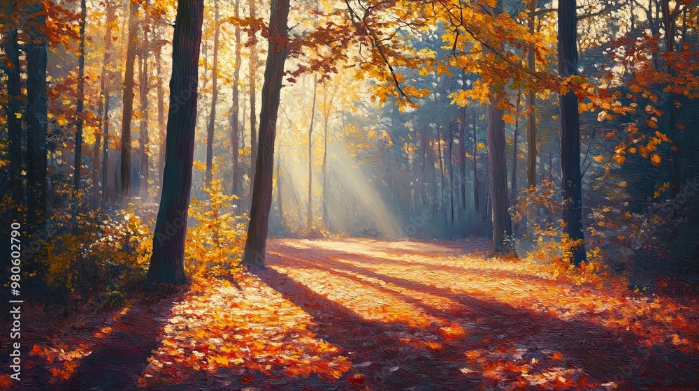 Obraz premium Serene Autumn Forest Path Illuminated by Sunlight