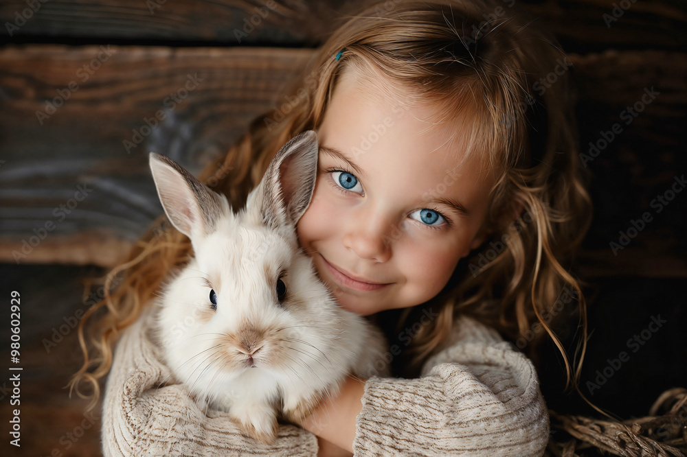 Sweet Little Girl Lovingly Embracing a Fluffy White Bunny on a Rustic Wooden Fence Background Sweet Little Girl Lovingly Embracing a Fluffy White Bunny on a Rustic Wooden Fence Background
