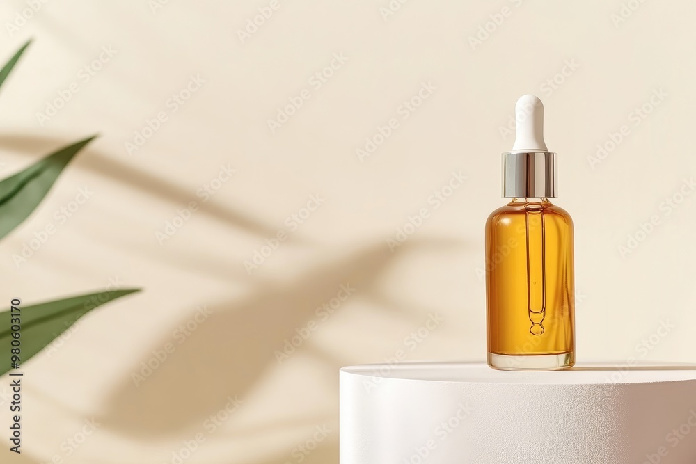Glass Dropper Bottle of Golden Liquid on White Platform Glass Dropper Bottle of Golden Liquid on White Platform