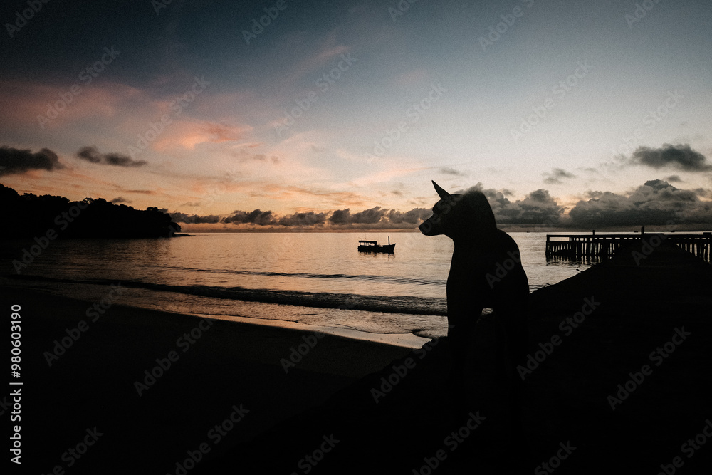Obraz premium Silhouette of a dog sitting on a pier bridge during sunrise on Koh Rong Island, Cambodia