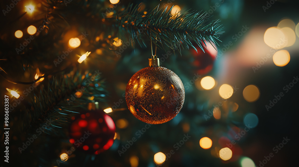 A Christmas tree with a gold ornament hanging from it. The tree is lit up with lights and the gold ornament is the center of attention A Christmas tree with a gold ornament hanging from it. The tree is lit up with lights and the gold ornament is the center of attention