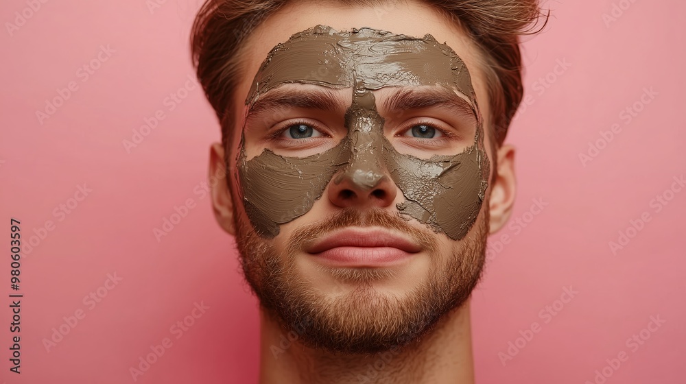 Young man with a clay face mask relaxing against a pink background in a beauty treatment session at home Young man with a clay face mask relaxing against a pink background in a beauty treatment session at home