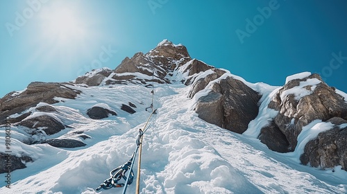 A climber's perspective looking up a snowy mountain slope towards the summit.