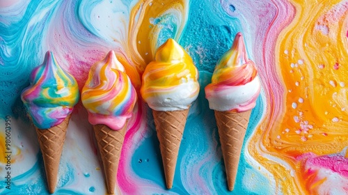 Abstract ice cream art close-up featuring swirled vibrant colors and smooth creamy textures in a playful and modern design