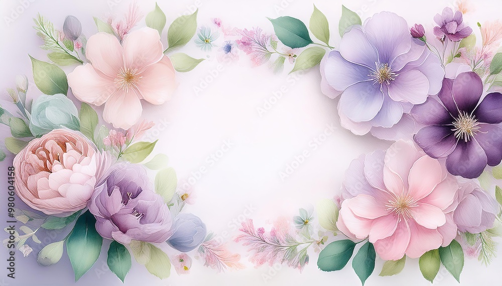 Fototapeta premium Soft pastel flowers frame a blank space.