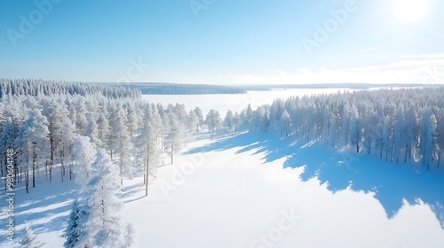 Snowy pine trees in a vast frozen forest, soft sunlight filtering through, perfect for advertising with copy space, high-end national geographic photography style, deep depth of field