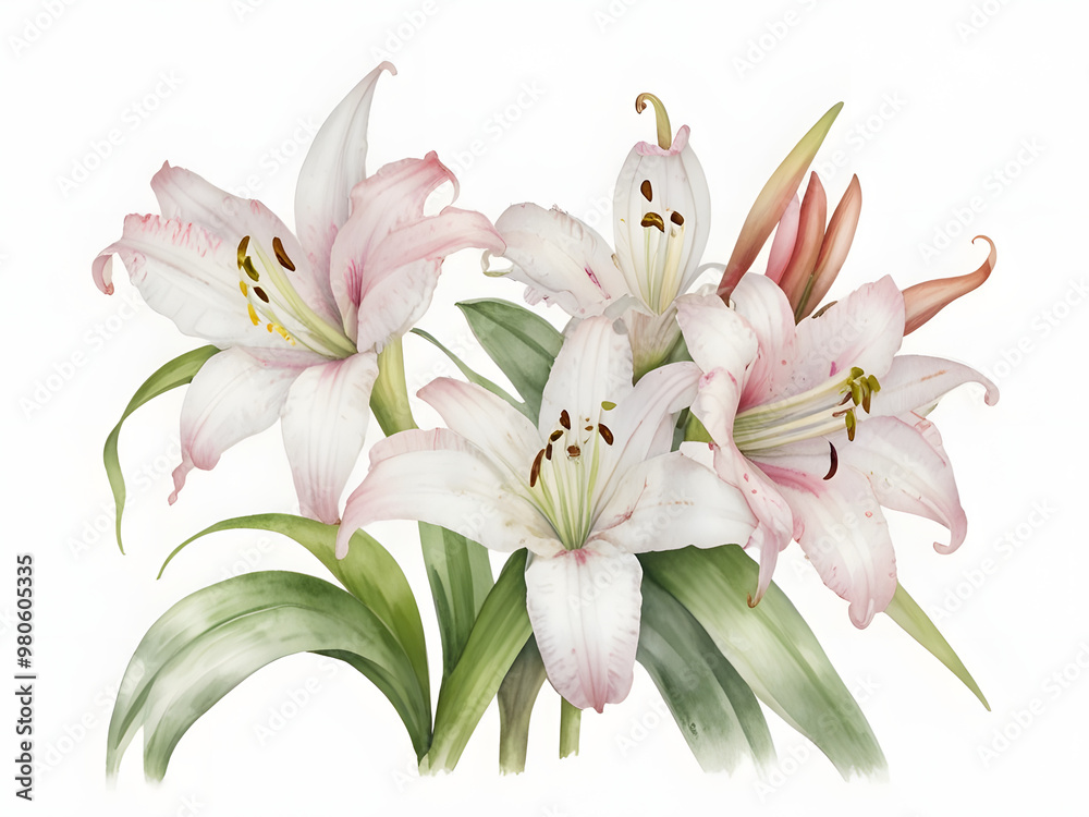 Naklejka premium Crinum flower clipart , pink flowers on a white background, Crinum flowers painting by watercolor