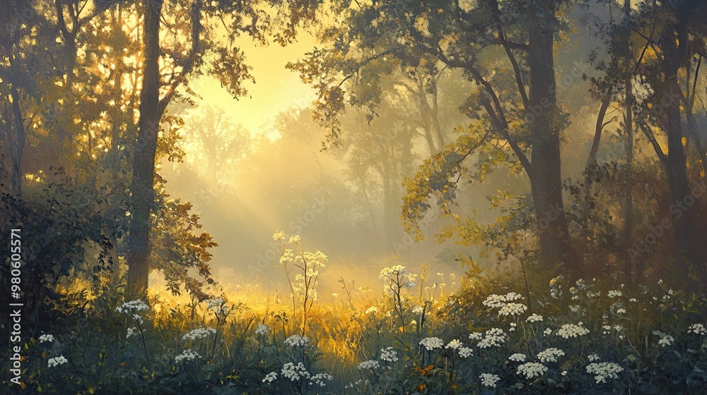 Fototapeta premium Ethereal Sunrise in a Serene Forest Landscape