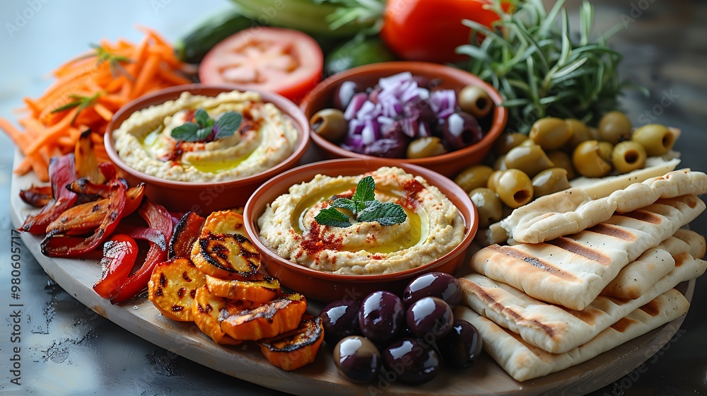 Delicious Hummus Dip with Grilled Vegetables Olives and Pita Bread Delicious Hummus Dip with Grilled Vegetables Olives and Pita Bread
