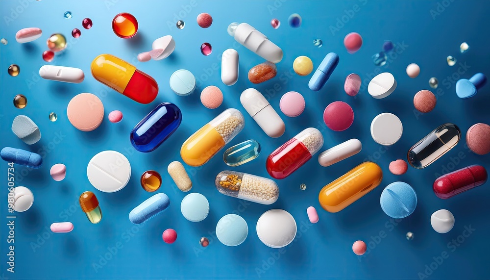 Assortment of pills on blue background Assortment of pills on blue background