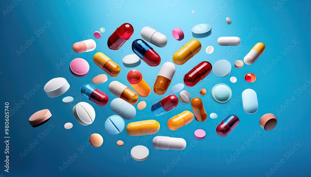 Assortment of pills on blue Assortment of pills on blue