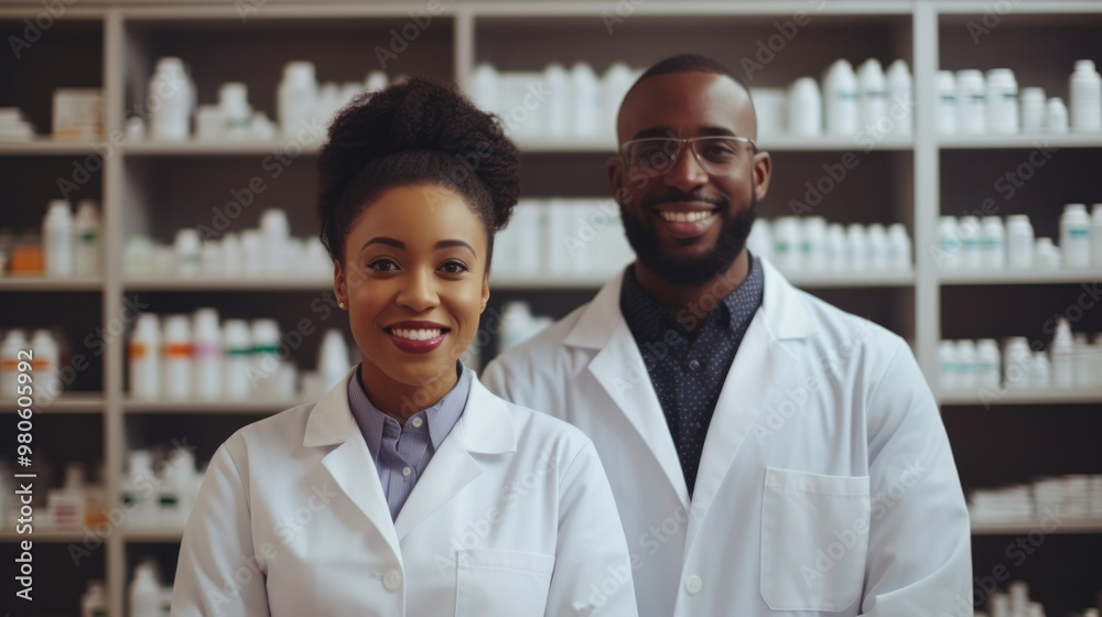 Pharmacy Drugstore Counter. Portrait of Helpful Black Pharmacists and shelves of drugs. Neural network ai generated art Pharmacy Drugstore Counter. Portrait of Helpful Black Pharmacists and shelves of drugs. Neural network ai generated art