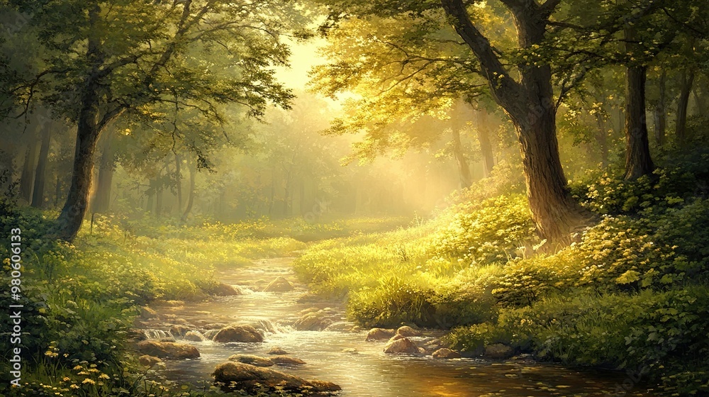 Obraz premium Serene Forest Stream with Sunlight Filtering Through Trees