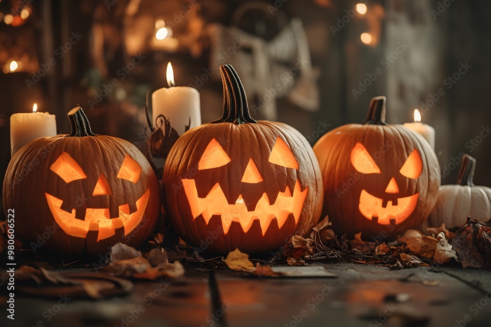 Fototapeta premium Illuminated Halloween pumpkins with carved faces on wooden table in autumn. Generative AI