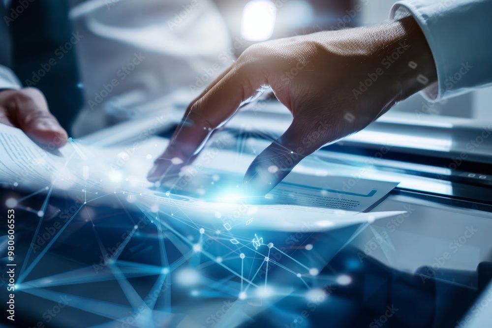 Person analyzing digital data with futuristic hologram display, illustrating modern technology and innovation in business and engineering. Person analyzing digital data with futuristic hologram display, illustrating modern technology and innovation in business and engineering.