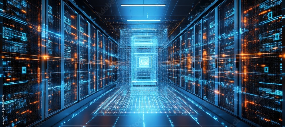 Fototapeta premium Futuristic Server Room With Glowing Lines, Big Data Technology And Digitalization Concept.