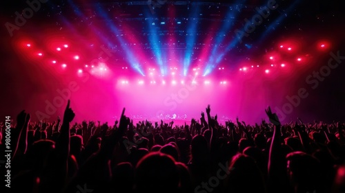Concert stage drenched in vibrant lights, synchronized with dynamic visual projections on giant LED screens, creating a futuristic visual spectacle, stage lights, concert visuals