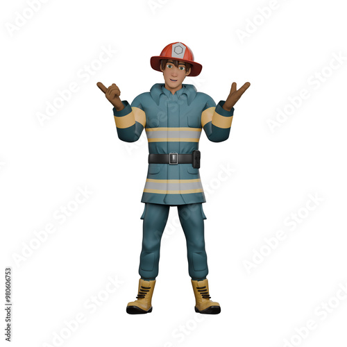 Firefighter Male Professional. A standing firefighter is giving a hand up gesture, as if he is making a presentation. 3D Firefighting Illustration