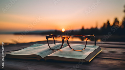 Reading glasses on an open book at dusk
