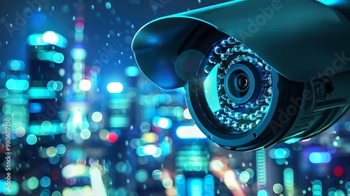 Security camera is installed on a building in the city at night. The camera lens is pointed towards the viewer watching the city. photo