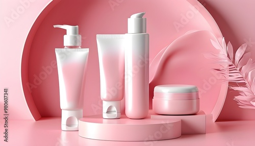 Elegant pink cosmetic lotion mockup showcasing plastic tube packaging, emphasizing beauty care, soft skin treatment, and stylish design for product presentation.