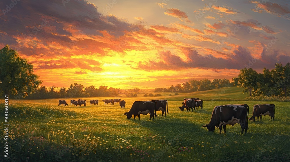 Serene Sunset Over Grazing Cows in a Lush Pasture Serene Sunset Over Grazing Cows in a Lush Pasture