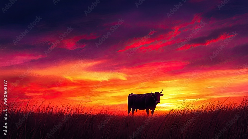 Silhouette of a Cow Against a Vibrant Sunset Sky