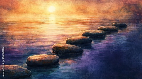 "Serene Sunset with Stones Over Water"