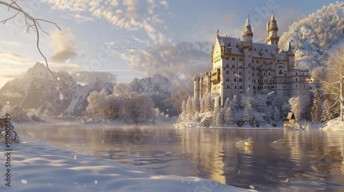 A majestic fantasy mansion situated by a cold lake, surrounded by a stunning winter landscape, evoking a sense of mystery and enchan Seamless looping 4k time-lapse virtual video animation Generated AI photo