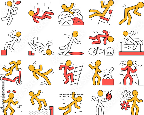 accident injury man person icons set vector. human car crash, fail safety, road danger, slip caution, work risk traffic accident injury man person color Contour Illustrations