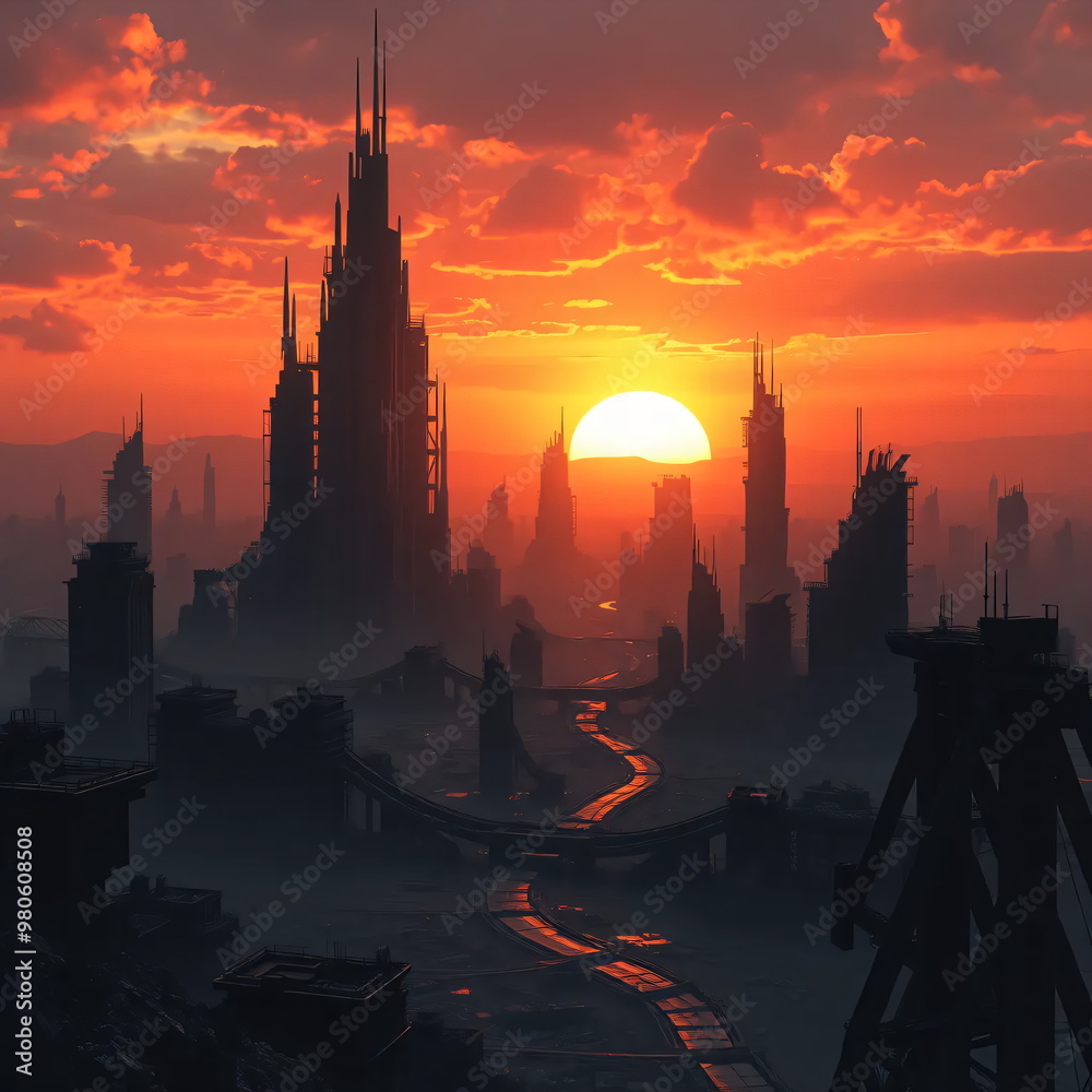 Naklejka premium destroyed city with a beautiful sunset, future, dark