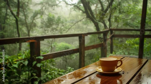A cup of coffee on a balcony overlooking a fantasy foggy forest landscape, surrounded by mystical trees and mist, creating a serene  Seamless looping 4k time-lapse virtual video animation Generated AI
