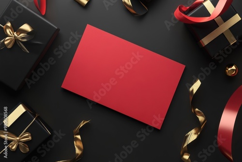 Elegant Black Friday mockup with luxury gifts and striking red card on a stylish black background for holiday promotions photo