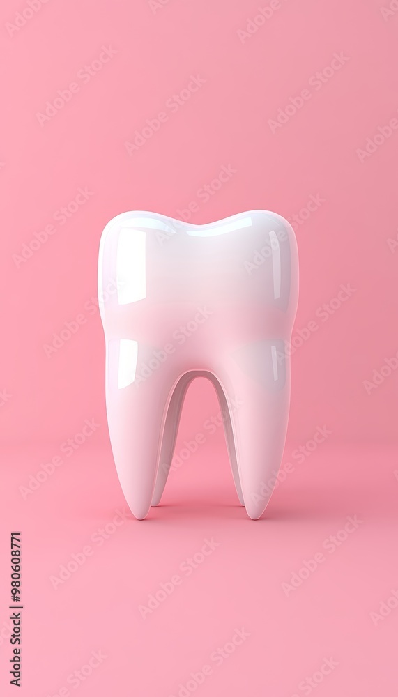 3D rendering of a single white tooth model on pink pastel background, perfect smile concept.