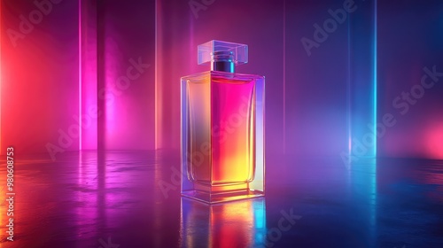 Luxurious Perfume Bottle in Vibrant Radiant Colors with Dynamic Lighting Highlighting Elegant Design